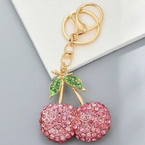 NWOT Pink Cherry Gold Keychain Rhinestone Purse Bag Charm Crystal Cherries Gold